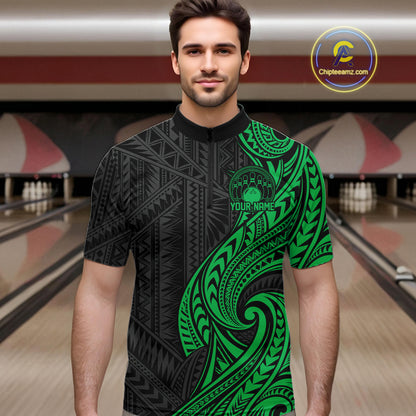 Custom Black And Green Tribal Bowling Men Quarter Zip Shirt, Bowling Team League Shirt IPHW12489