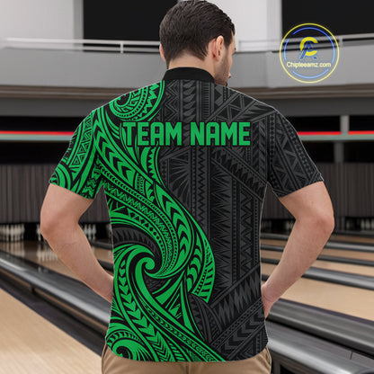 Custom Black And Green Tribal Bowling Men Quarter Zip Shirt, Bowling Team League Shirt IPHW12489