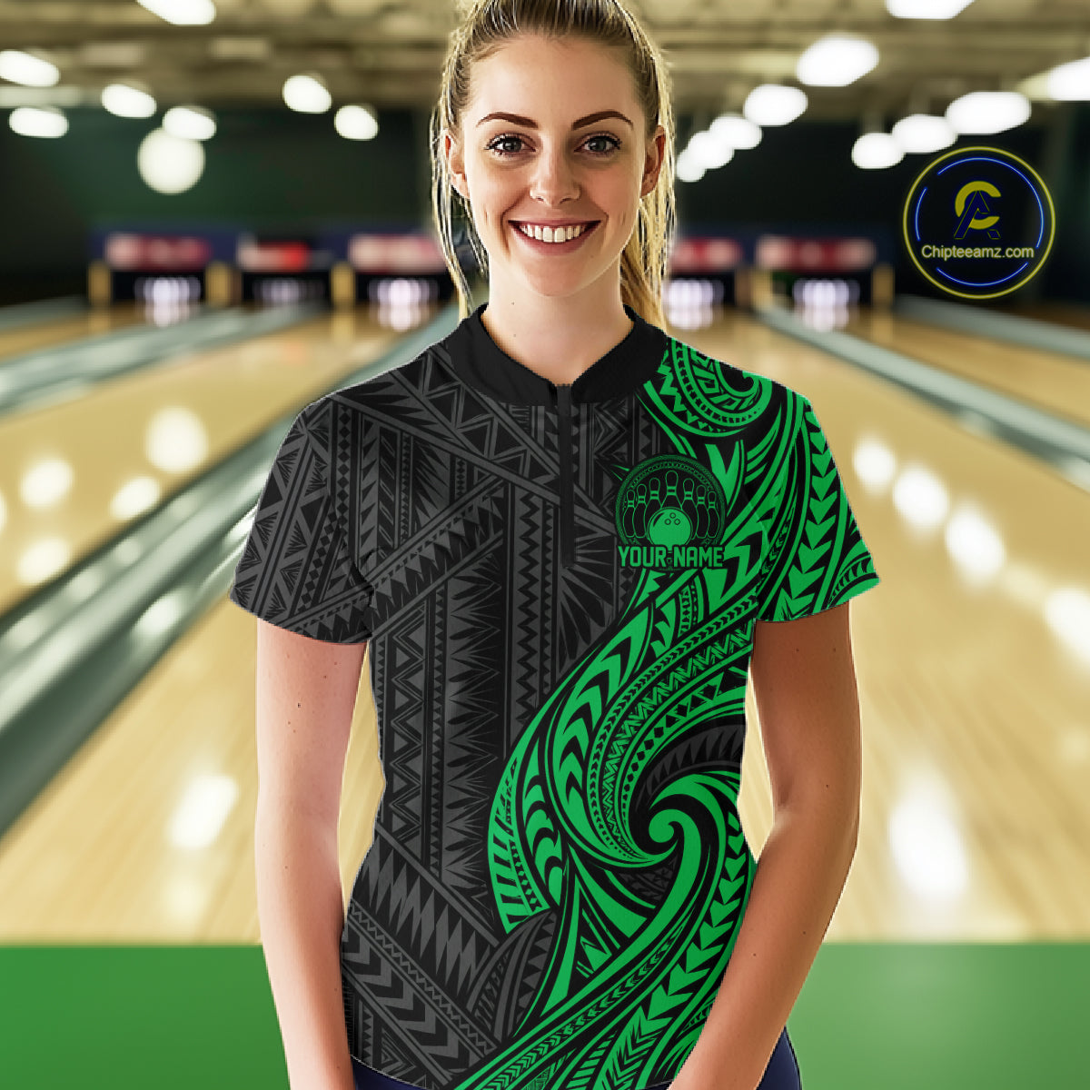 Custom Black And Green Tribal Bowling Women Quarter-Zip Shirt, Bowling Team League Shirt IPHW12489