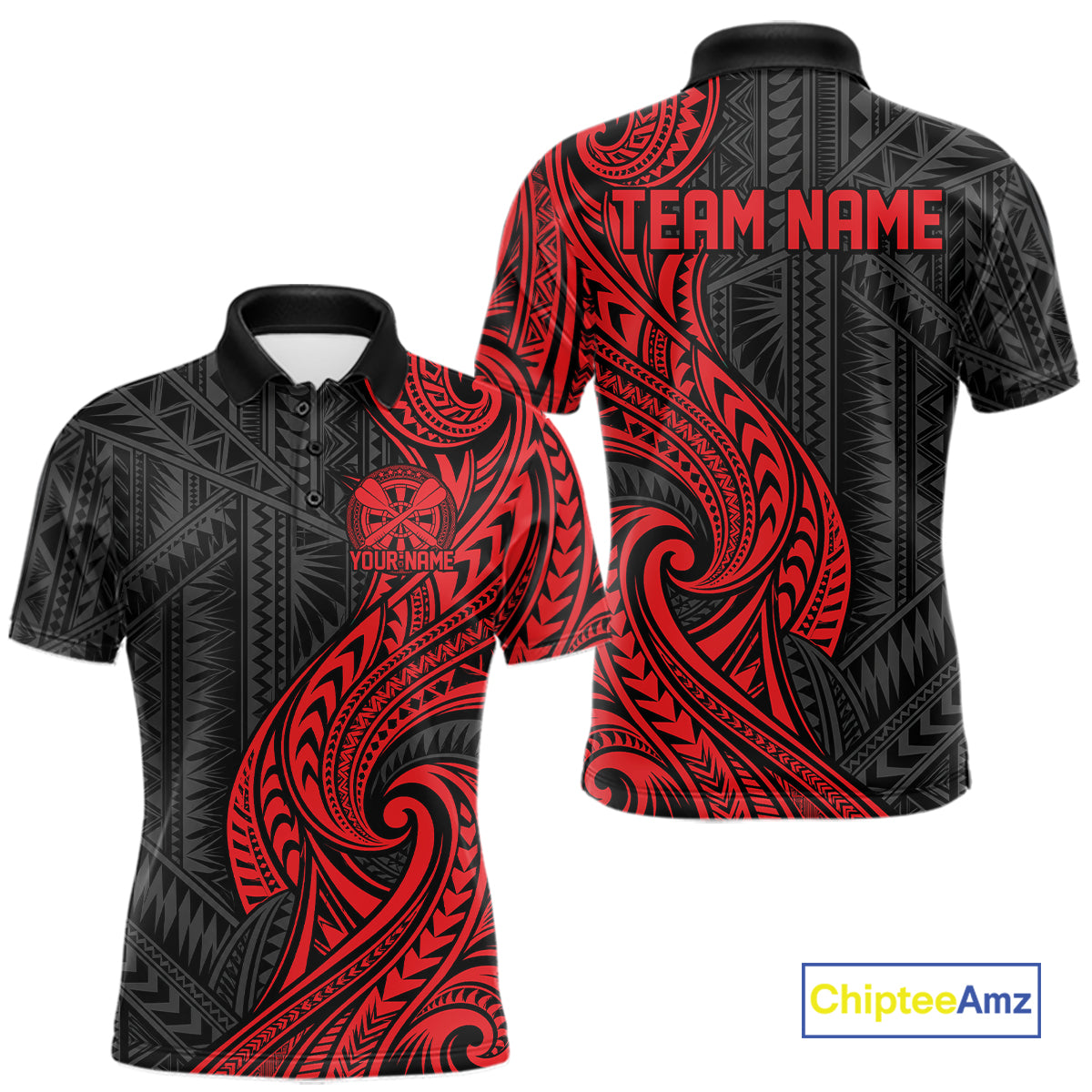 Custom Black And Red Tribal Dart Men Polo Shirt, Dart Team League Shirt IPHW12490