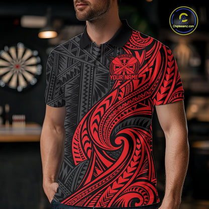 Custom Black And Red Tribal Dart Men Polo Shirt, Dart Team League Shirt IPHW12490