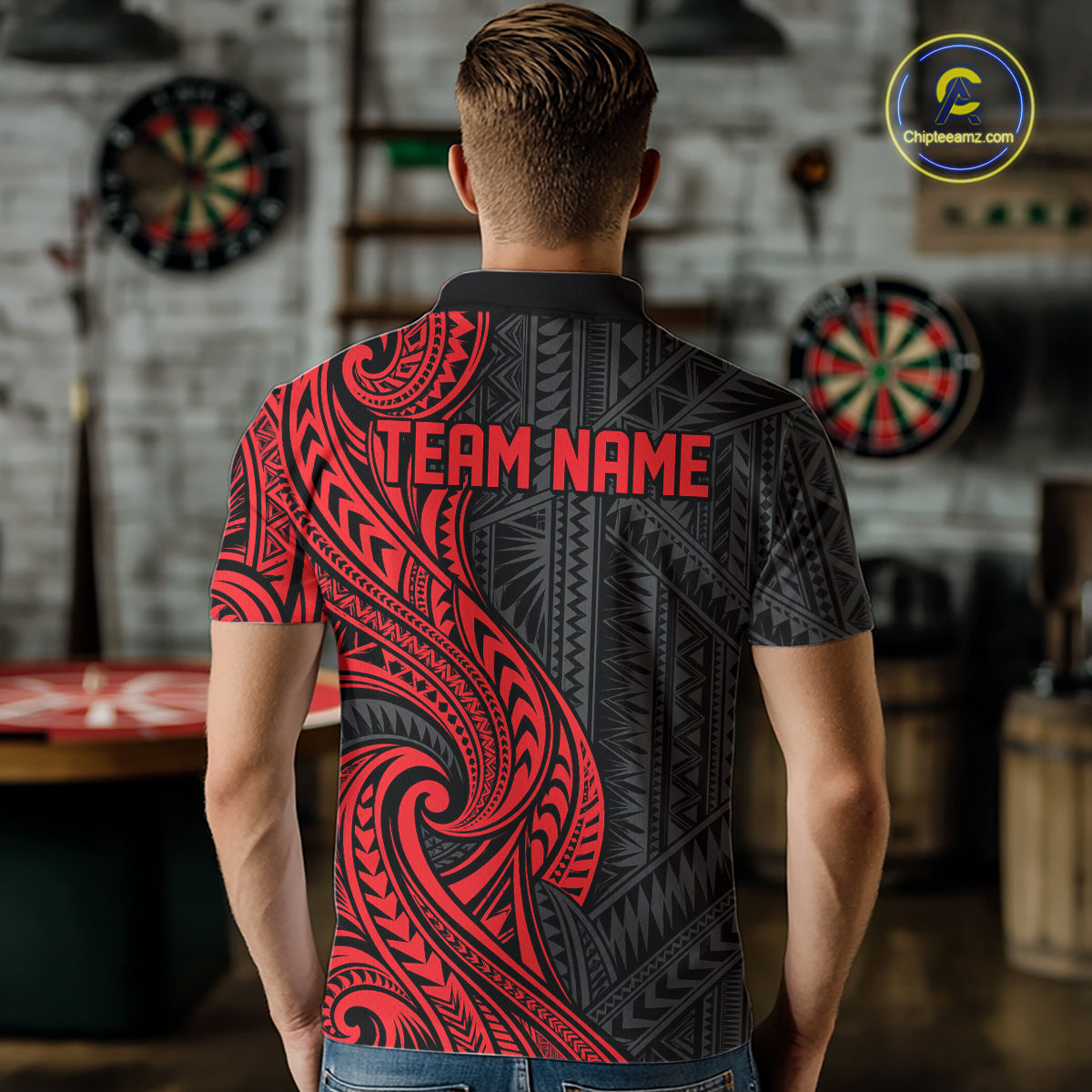 Custom Black And Red Tribal Dart Men Polo Shirt, Dart Team League Shirt IPHW12490