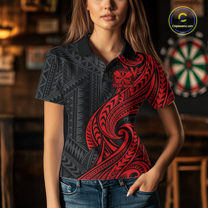 Custom Black And Red Tribal Dart Women Polo Shirt, Dart Team League Shirt IPHW12490