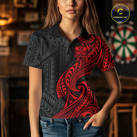 Custom Black And Red Tribal Dart Women Polo Shirt, Dart Team League Shirt IPHW12490