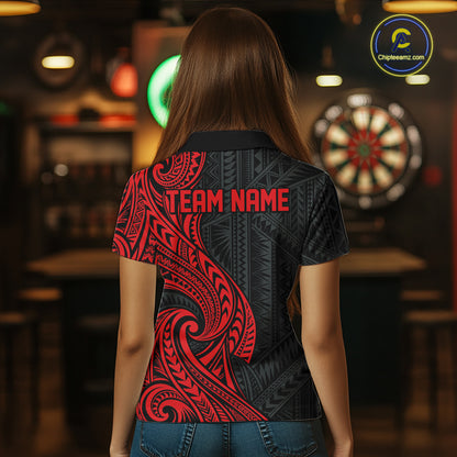 Custom Black And Red Tribal Dart Women Polo Shirt, Dart Team League Shirt IPHW12490