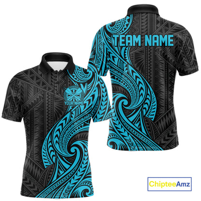 Custom Black And Turquoise Tribal Dart Men Polo Shirt, Dart Team League Shirt IPHW12491