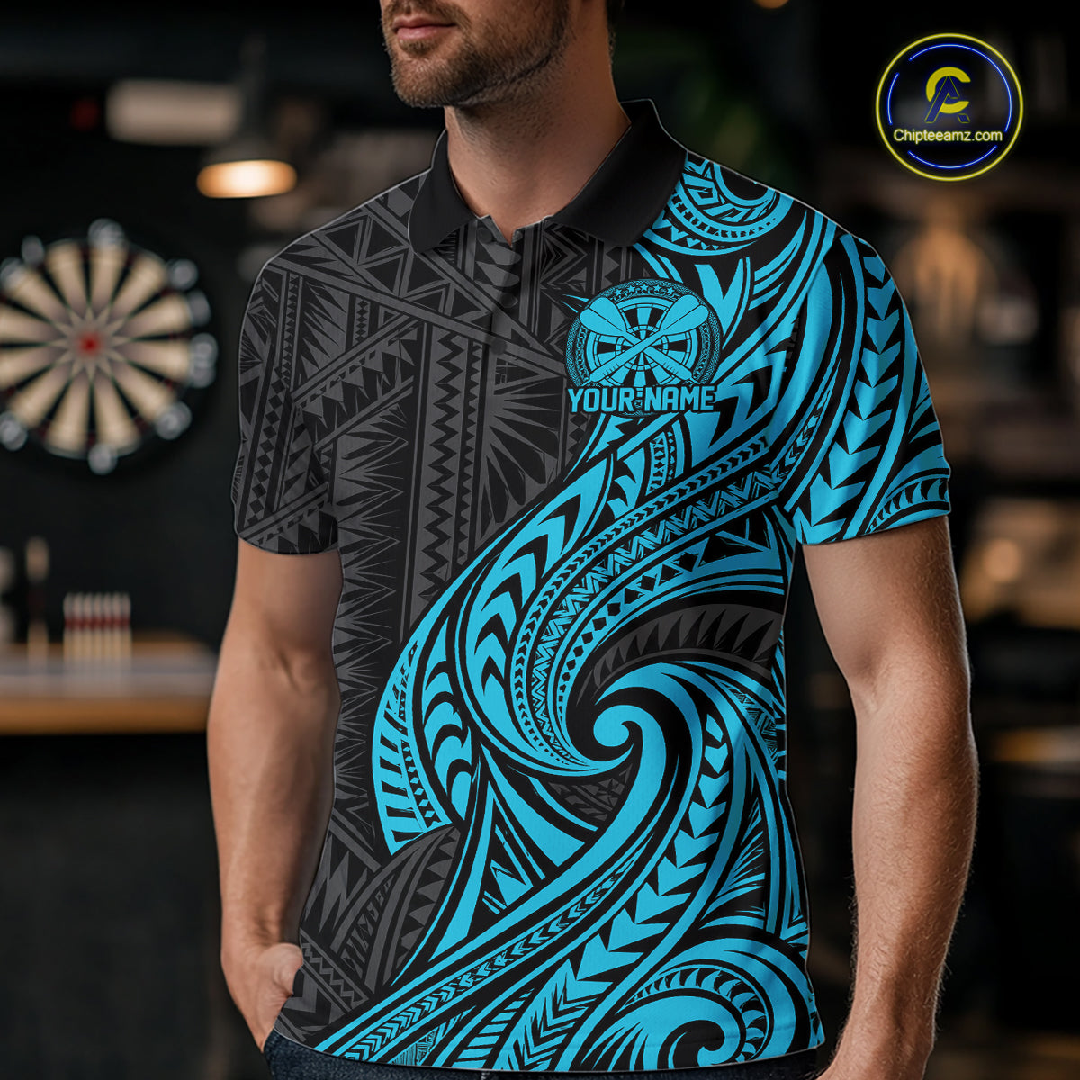Custom Black And Turquoise Tribal Dart Men Polo Shirt, Dart Team League Shirt IPHW12491