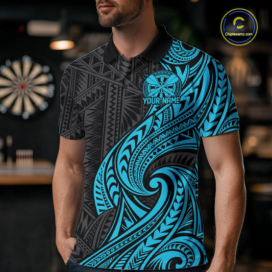 Custom Black And Turquoise Tribal Dart Men Polo Shirt, Dart Team League Shirt IPHW12491