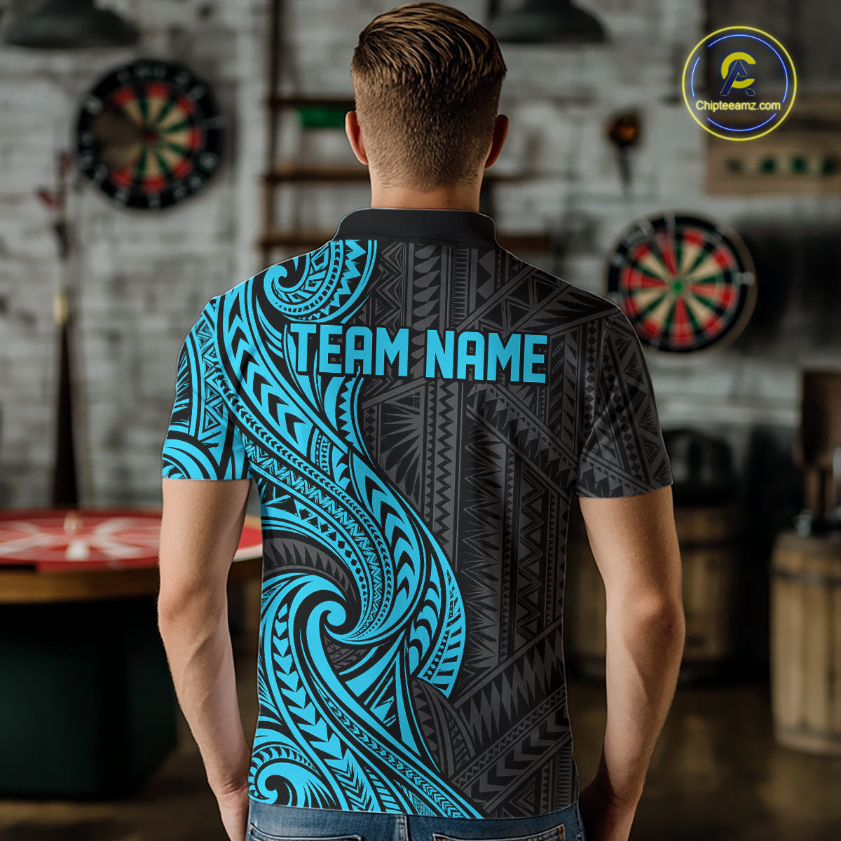 Custom Black And Turquoise Tribal Dart Men Polo Shirt, Dart Team League Shirt IPHW12491