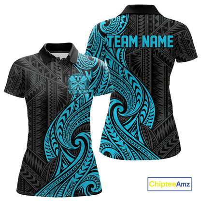 Custom Black And Turquoise Tribal Dart Women Polo Shirt, Dart Team League Shirt IPHW12491