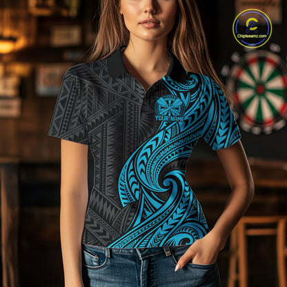 Custom Black And Turquoise Tribal Dart Women Polo Shirt, Dart Team League Shirt IPHW12491