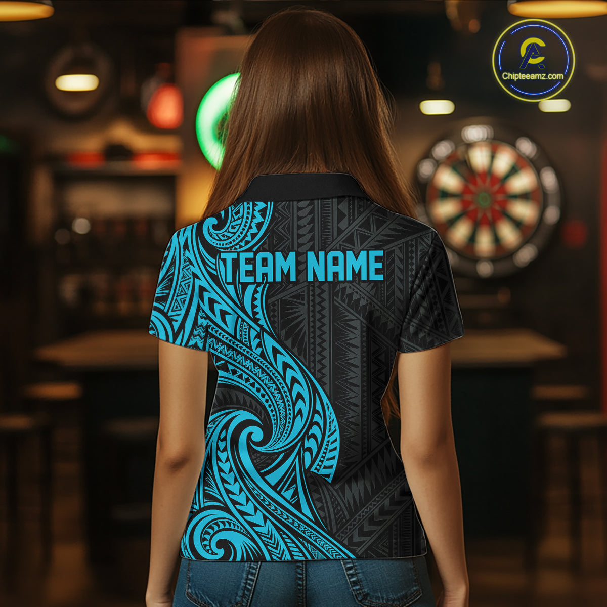 Custom Black And Turquoise Tribal Dart Women Polo Shirt, Dart Team League Shirt IPHW12491