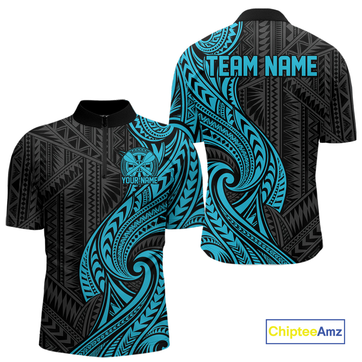 Custom Black And Turquoise Tribal Dart Men Quarter Zip Shirt, Dart Team League Shirt IPHW12491