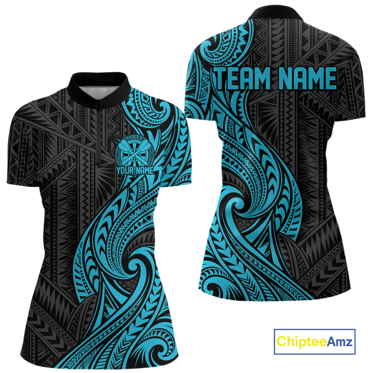 Custom Black And Turquoise Tribal Dart Women Quarter-Zip Shirt, Dart Team League Shirt IPHW12491