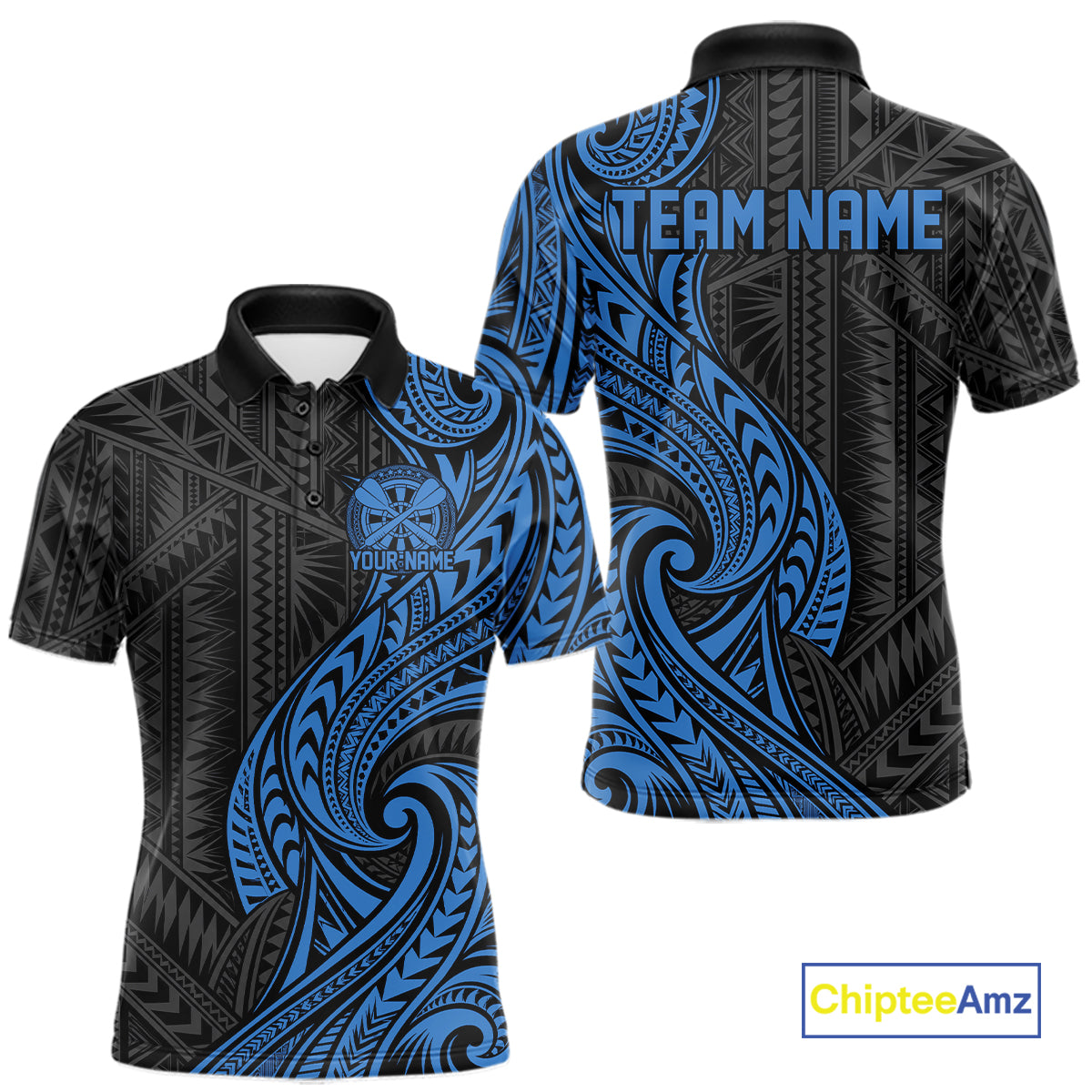 Custom Black And Blue Tribal Dart Men Polo Shirt, Dart Team League Shirt IPHW12492