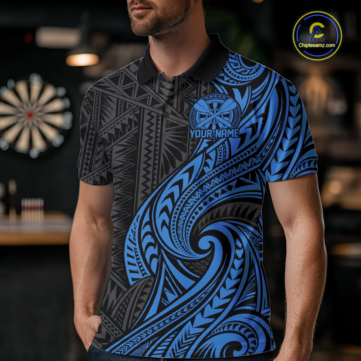 Custom Black And Blue Tribal Dart Men Polo Shirt, Dart Team League Shirt IPHW12492