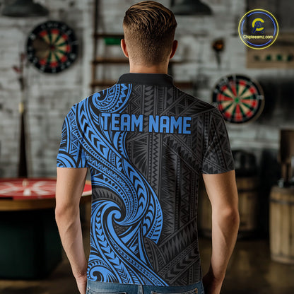 Custom Black And Blue Tribal Dart Men Polo Shirt, Dart Team League Shirt IPHW12492