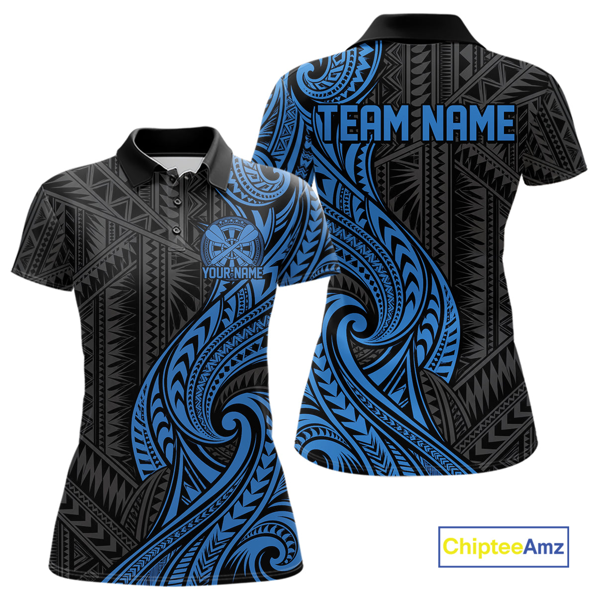 Custom Black And Blue Tribal Dart Women Polo Shirt, Dart Team League Shirt IPHW12492