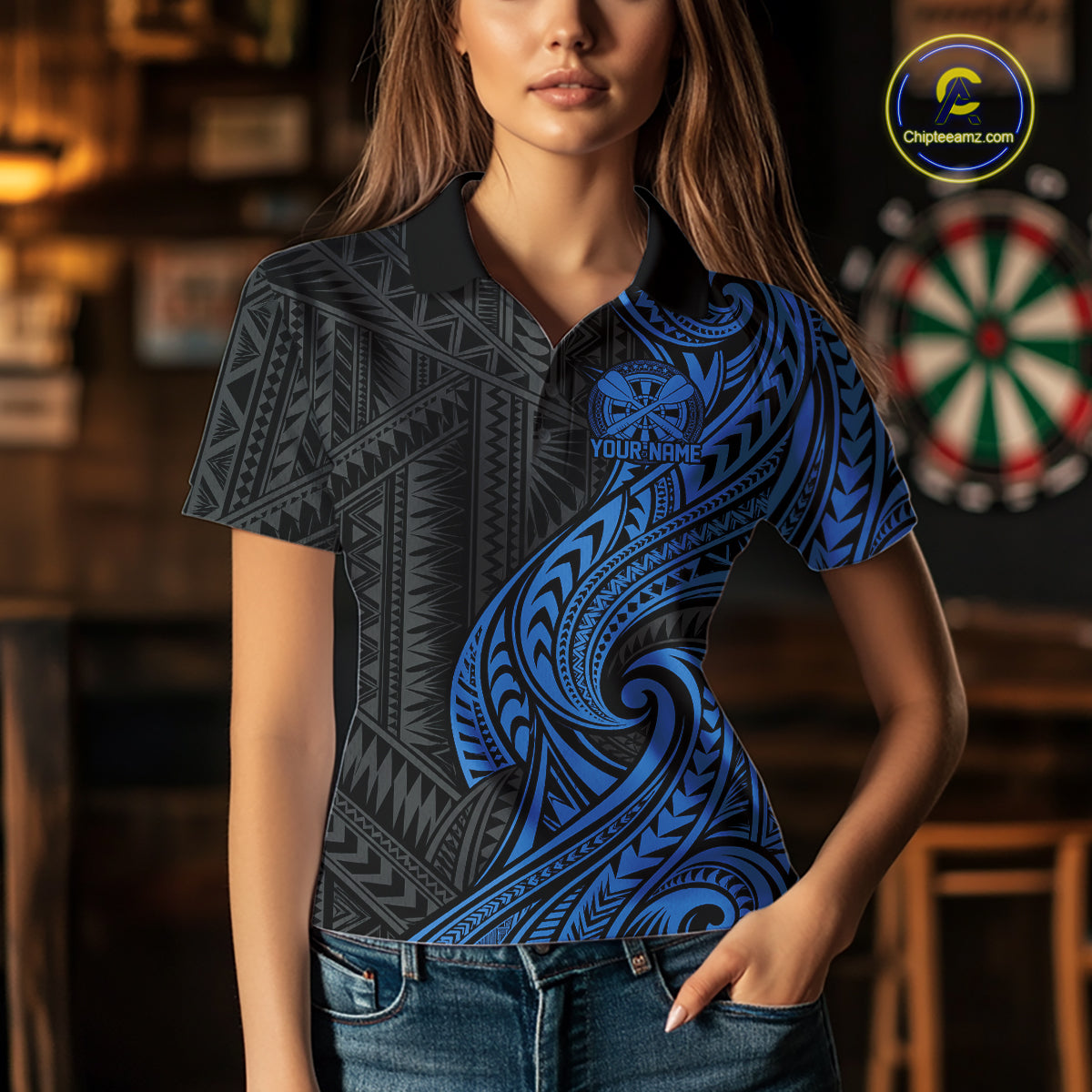Custom Black And Blue Tribal Dart Women Polo Shirt, Dart Team League Shirt IPHW12492