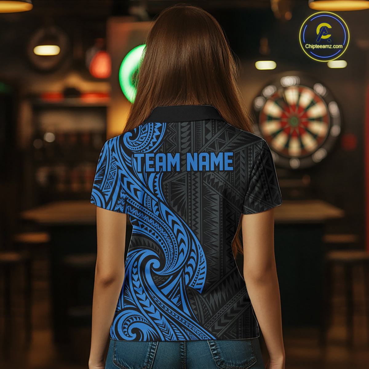 Custom Black And Blue Tribal Dart Women Polo Shirt, Dart Team League Shirt IPHW12492