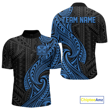 Custom Black And Blue Tribal Dart Men Quarter Zip Shirt, Dart Team League Shirt IPHW12492