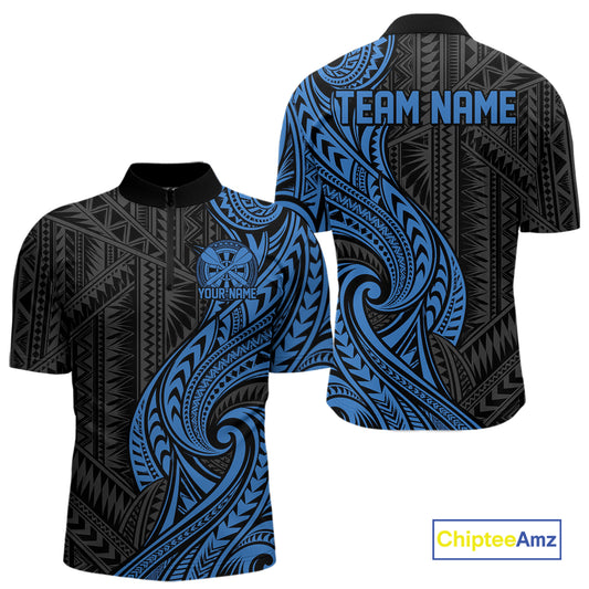 Custom Black And Blue Tribal Dart Men Quarter Zip Shirt, Dart Team League Shirt IPHW12492