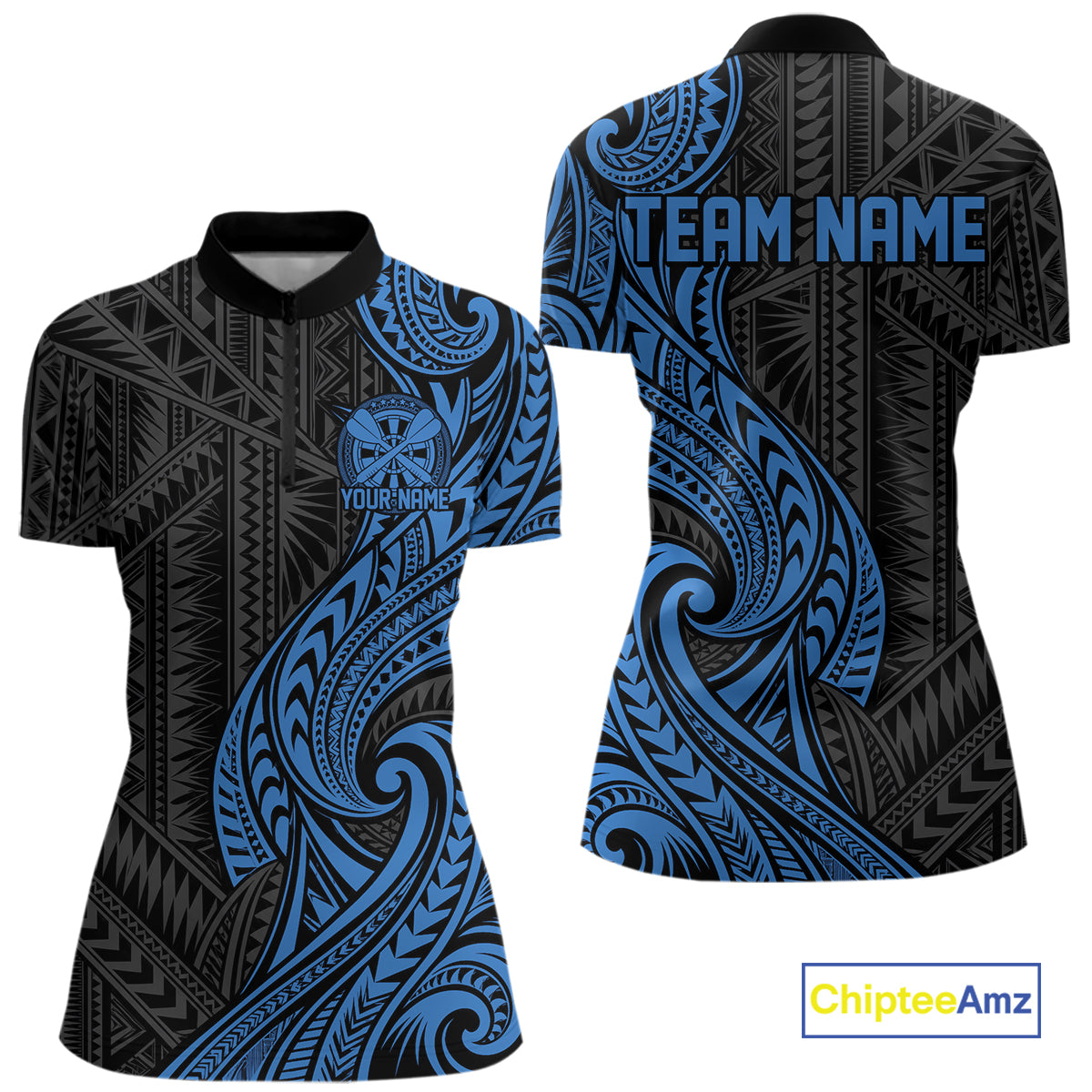 Custom Black And Blue Tribal Dart Women Quarter-Zip Shirt, Dart Team League Shirt IPHW12492