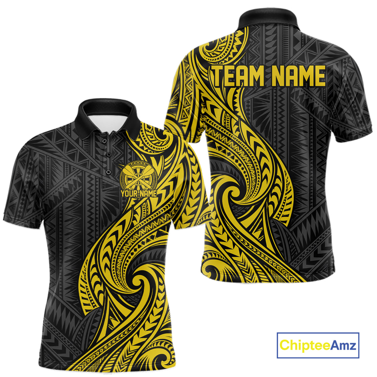 Custom Black And Gold Tribal Dart Men Polo Shirt, Dart Team League Shirt IPHW12493