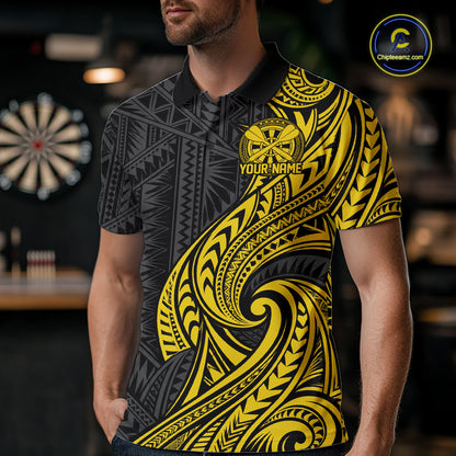 Custom Black And Gold Tribal Dart Men Polo Shirt, Dart Team League Shirt IPHW12493