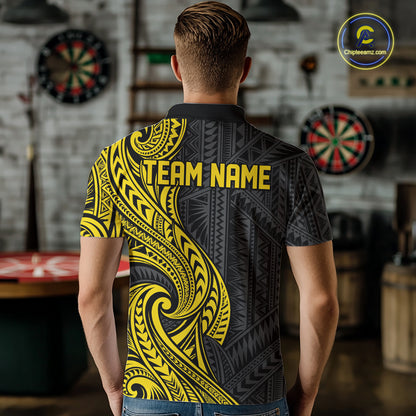 Custom Black And Gold Tribal Dart Men Polo Shirt, Dart Team League Shirt IPHW12493