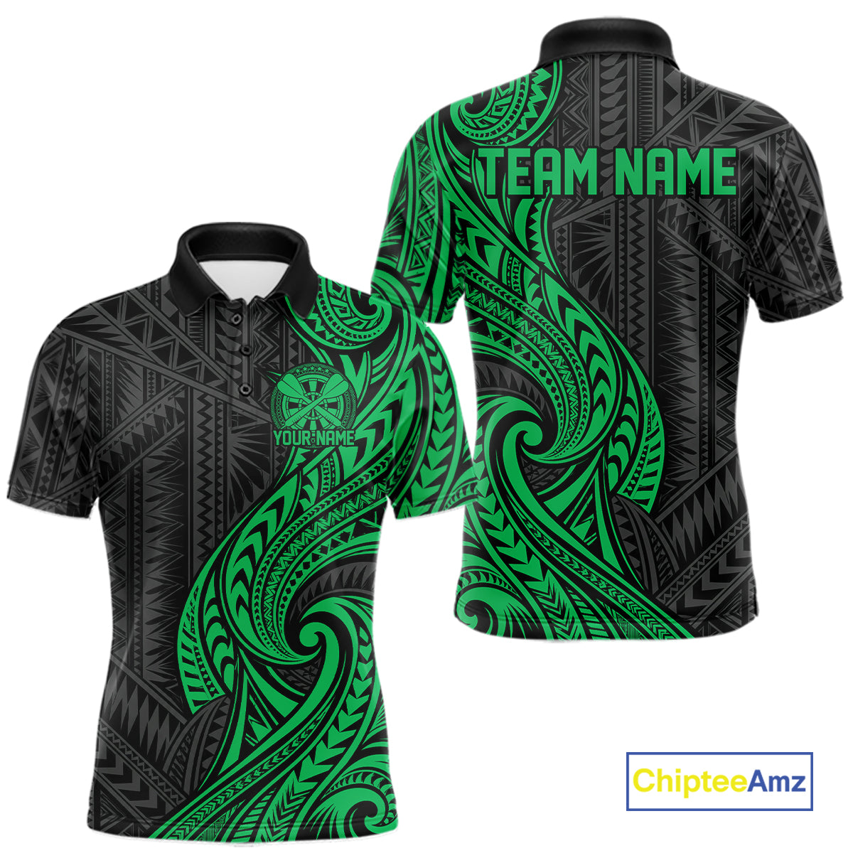 Custom Black And Green Tribal Dart Men Polo Shirt, Dart Team League Shirt IPHW12494