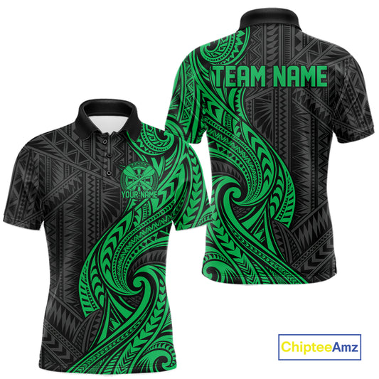Custom Black And Green Tribal Dart Men Polo Shirt, Dart Team League Shirt IPHW12494