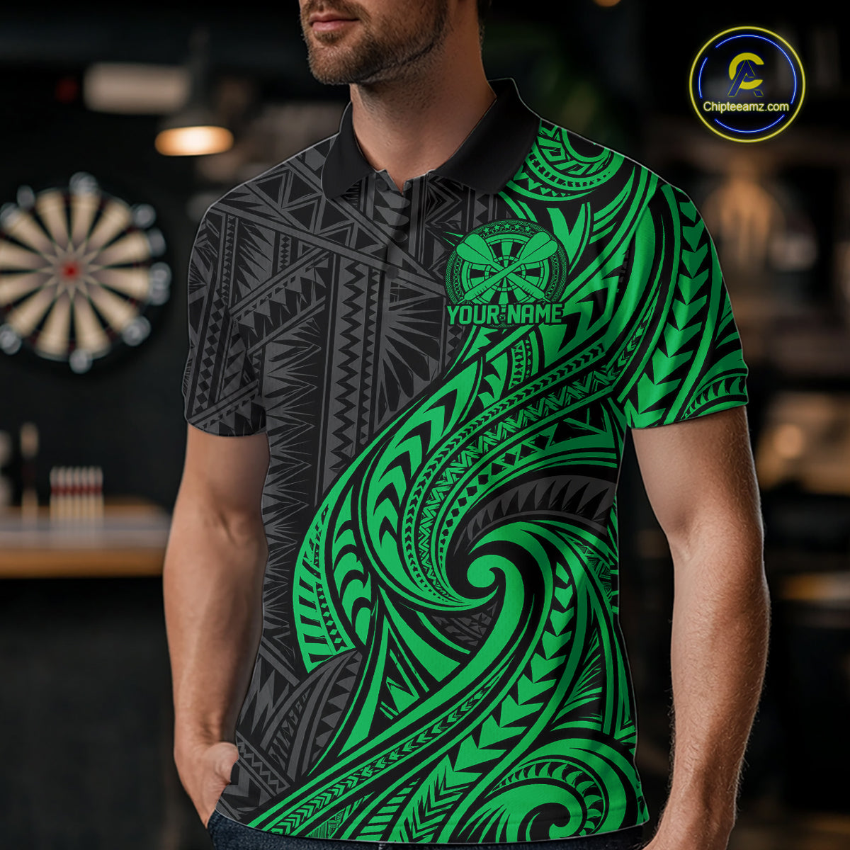 Custom Black And Green Tribal Dart Men Polo Shirt, Dart Team League Shirt IPHW12494