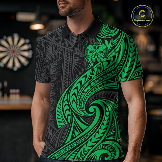 Custom Black And Green Tribal Dart Men Polo Shirt, Dart Team League Shirt IPHW12494
