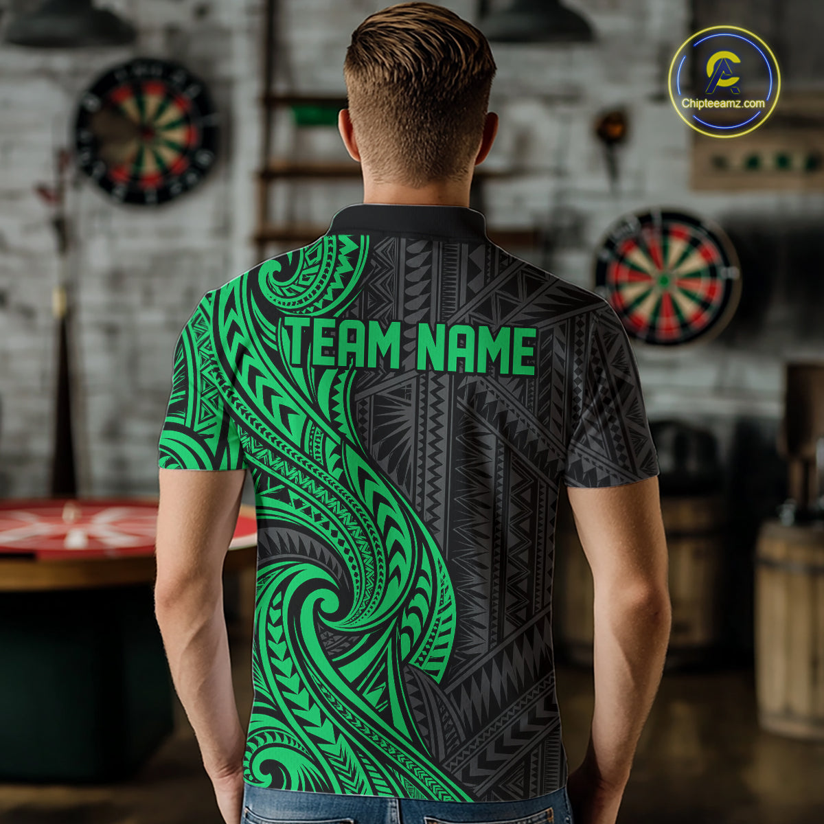Custom Black And Green Tribal Dart Men Polo Shirt, Dart Team League Shirt IPHW12494