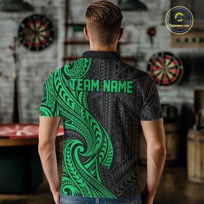Custom Black And Green Tribal Dart Men Polo Shirt, Dart Team League Shirt IPHW12494
