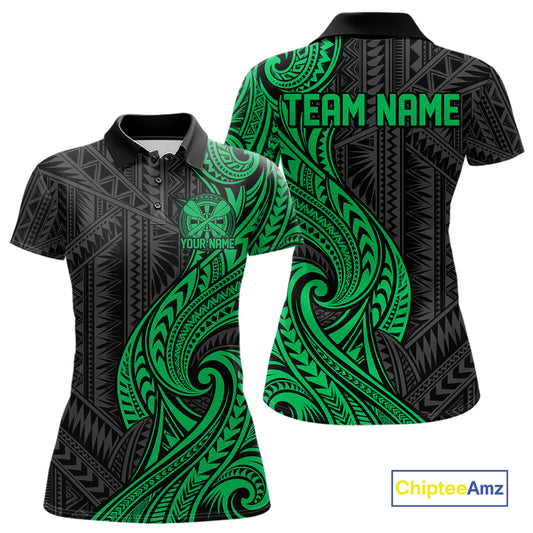 Custom Black And Green Tribal Dart Women Polo Shirt, Dart Team League Shirt IPHW12494