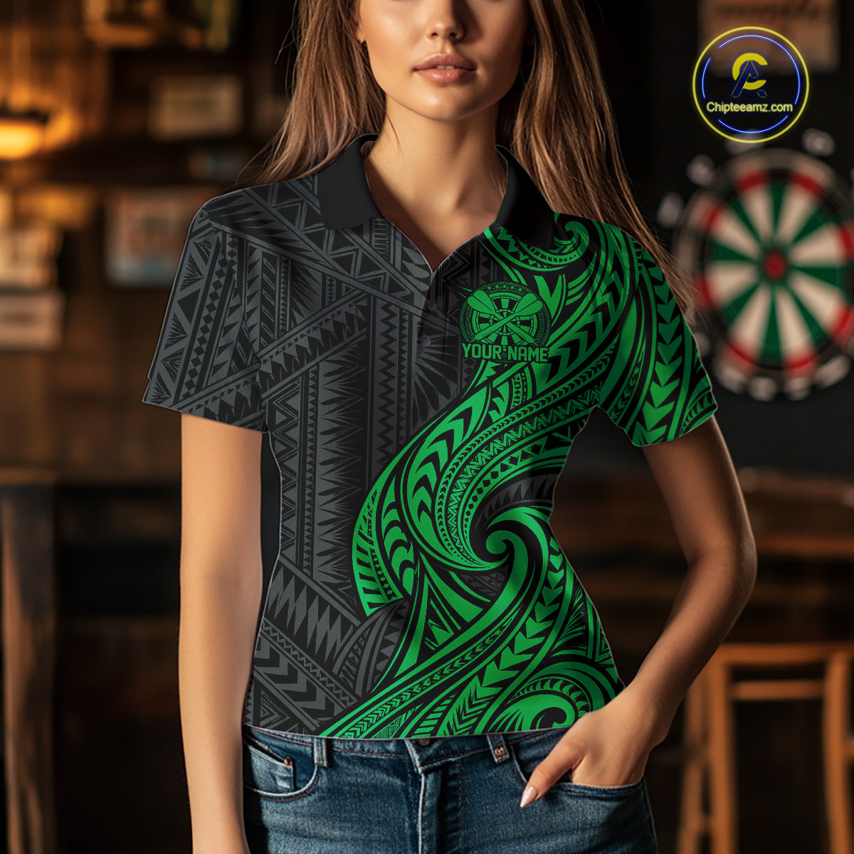 Custom Black And Green Tribal Dart Women Polo Shirt, Dart Team League Shirt IPHW12494