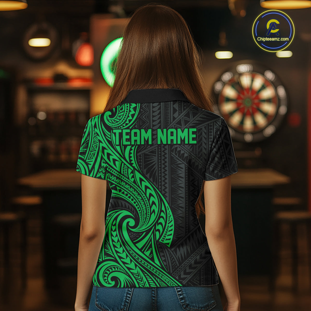Custom Black And Green Tribal Dart Women Polo Shirt, Dart Team League Shirt IPHW12494