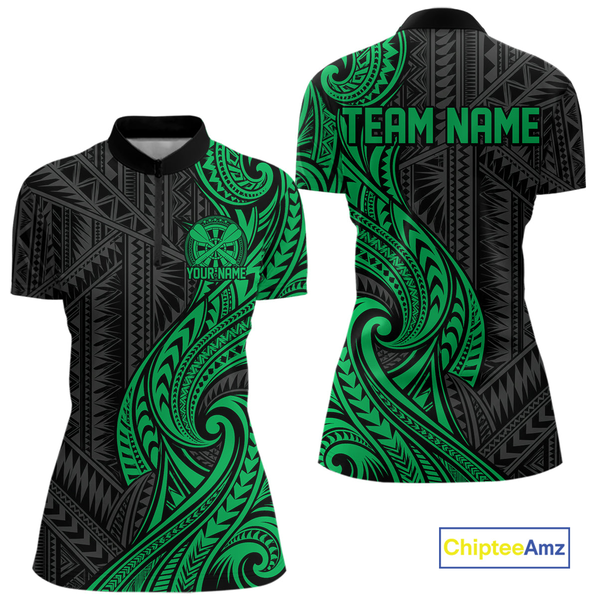 Custom Black And Green Tribal Dart Women Quarter-Zip Shirt, Dart Team League Shirt IPHW12494