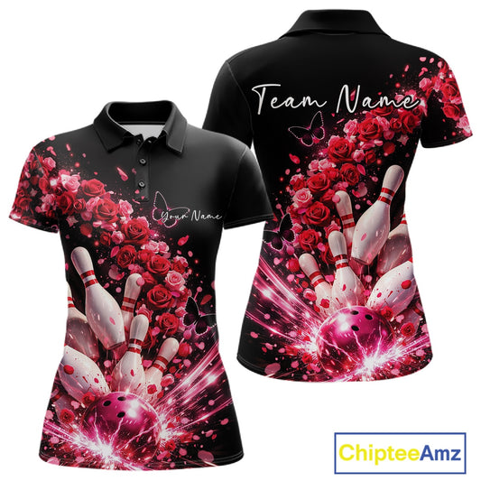 Custom Red Roses And Butterfly Women Bowling Shirt, Flower Ladies Bowling League Shirt IPHW10884