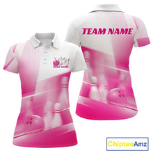 Load image into Gallery viewer, Front and back white and pink women’s polo shirt mockup with bowling ball and pins blended into a pink geometric pattern background.
