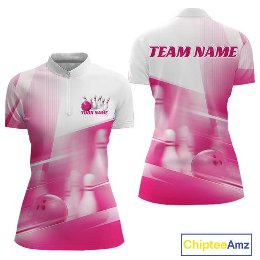 Front and back white and pink women’s bowling quarter zip mockup featuring bowling ball and pins blended into a pink geometric pattern background.