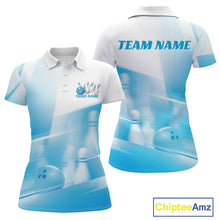 Load image into Gallery viewer, White and blue women’s polo shirt mockup shown front and back with bowling ball and pins over a pink geometric background.