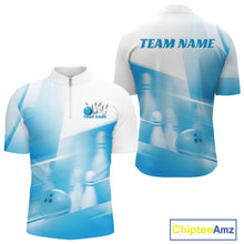 Load image into Gallery viewer, Front and back white and blue men’s bowling quarter zip shirt mockup featuring bowling ball and pins over a pink geometric background.