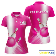 Load image into Gallery viewer, Front and back women’s polo shirt mockup featuring bowling ball and pins graphics flowing through a pink gradient layout.