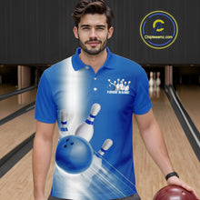 Load image into Gallery viewer, Front view male model at the bowling lane wearing a bowling polo shirt with bowling ball and pins flowing through a blue gradient layout.