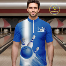 Load image into Gallery viewer, Front view male model in a bowling lane wearing a quarter zip shirt with bowling ball and pins flowing through a blue gradient layout.