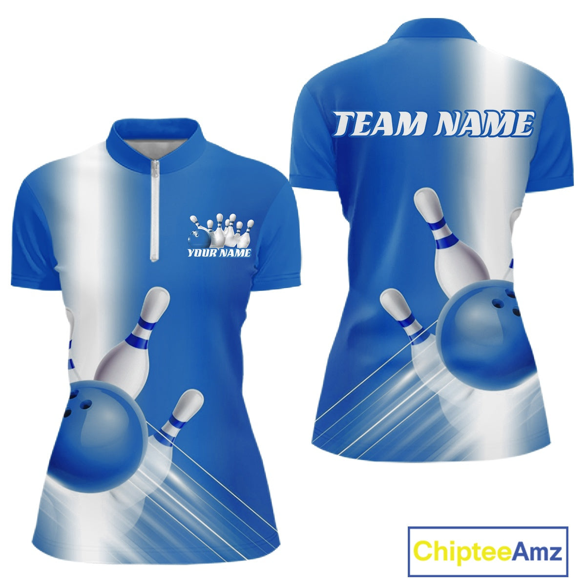 Front and back women’s bowling quarter zip mockup with bowling ball and pins graphics flowing through a blue gradient design.