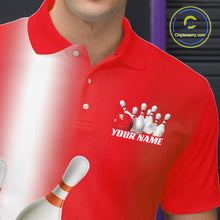 Load image into Gallery viewer, Close up left chest view of a bowling polo shirt with bowling ball and pins motif flowing through a red gradient layout.